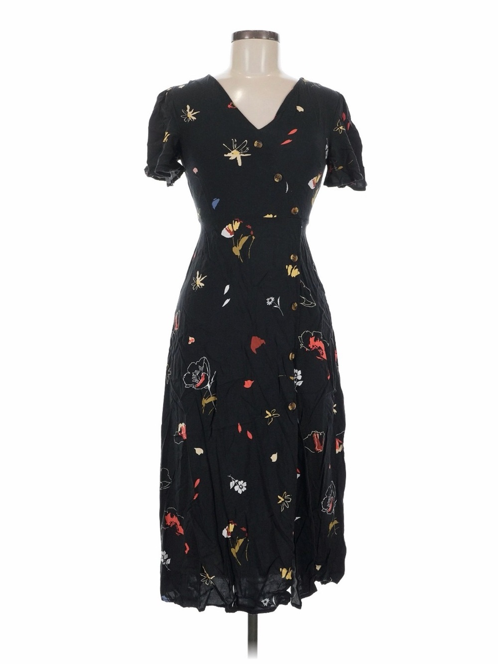 Warehouse Black Floral Dragonfly V Neck Puff Sleeve Maxi Dress US 4 UK 8 Boho